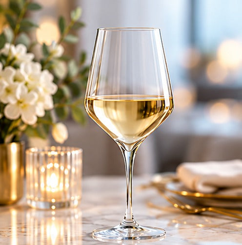 Verre à vin Luigi Bormioli Supremo 55 cl, avec du vin blanc sur une table dressée