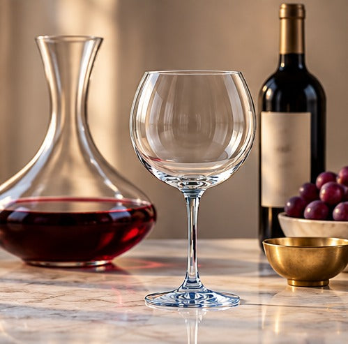 Verre à vin Chef & Sommelier Cabernet Ballon 47 cl, à côté d'une carafe et d'une bouteille de vin rouge
