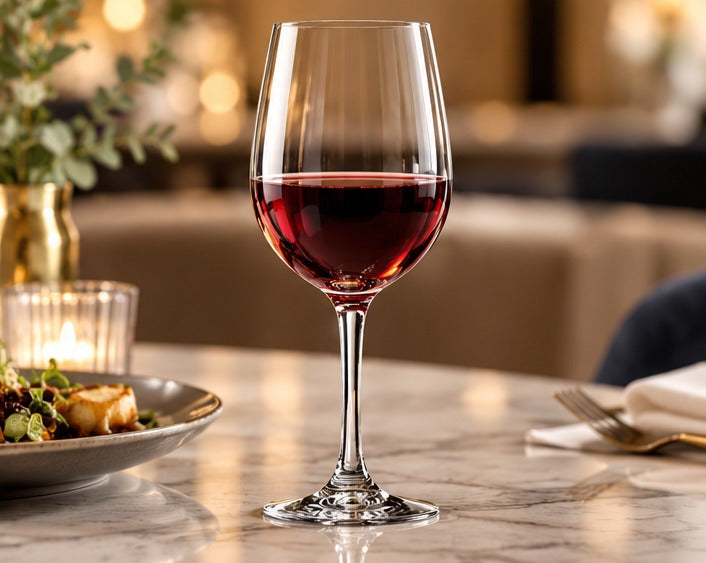 Verre à vin Chef & Sommelier Cabernet Tulipe 25 cl, avec du vin rouge sur une table dressée