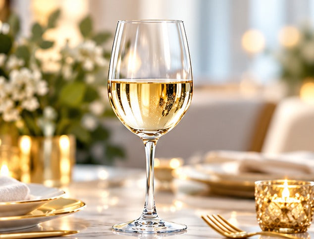 Verre à vin Arcoroc Vina 36 cl, avec du vin blanc sur une table fleurie