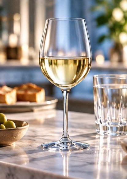 Verre à vin Arcoroc Séquence rempli de vin blanc à côté d'un verre d'eau, d'olives et de pain sur un plan de marbre