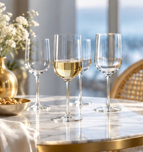 Verre à vin Luigi Bormioli Sublime 28 cl, en série de trois sur une table dressée