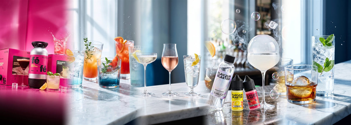 Sélection ATTITUDE BWA : Féfé Cocktails, LSA, Nude, Flavour Blaster et Toyo-Sasaki, verres et ingrédients de bar