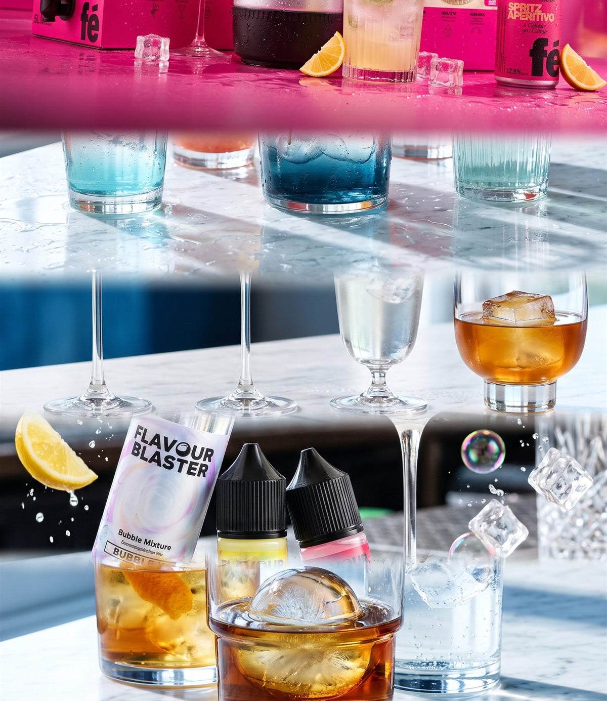Sélection ATTITUDE BWA : Féfé Cocktails, LSA, Nude, Flavour Blaster et Toyo-Sasaki, verres et ingrédients de bar