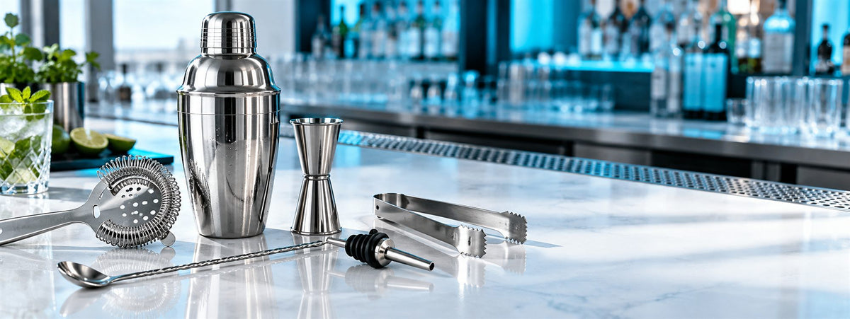 Matériel de bar professionnel BWA : shaker, jigger, passoire, cuillre de bar et pince sur un comptoir en marbre