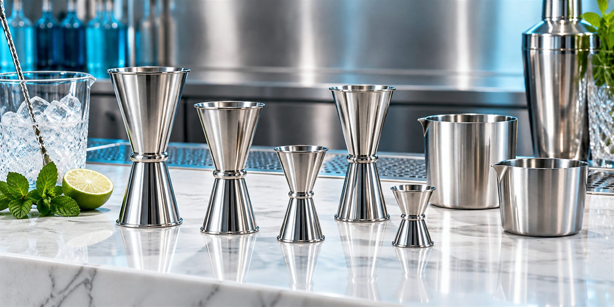 Mesures et jiggers professionnels BWA pour CHR, hétels et restaurants sur un comptoir en marbre
