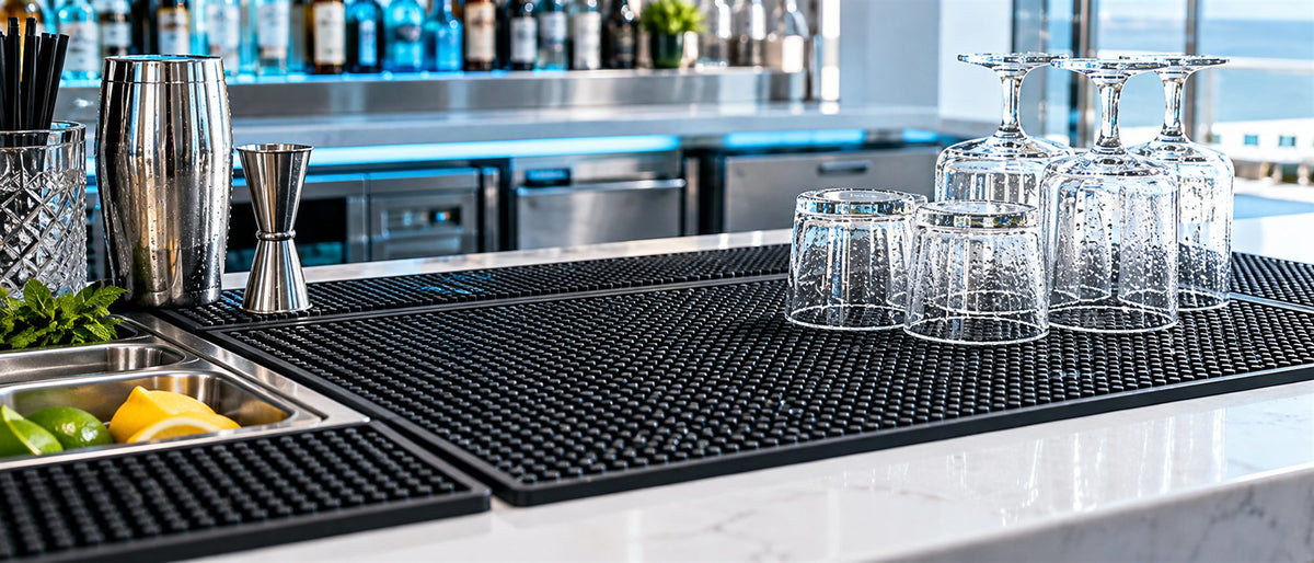 Tapis de bar professionnels BWA pour CHR, hétels et restaurants sur un comptoir en marbre