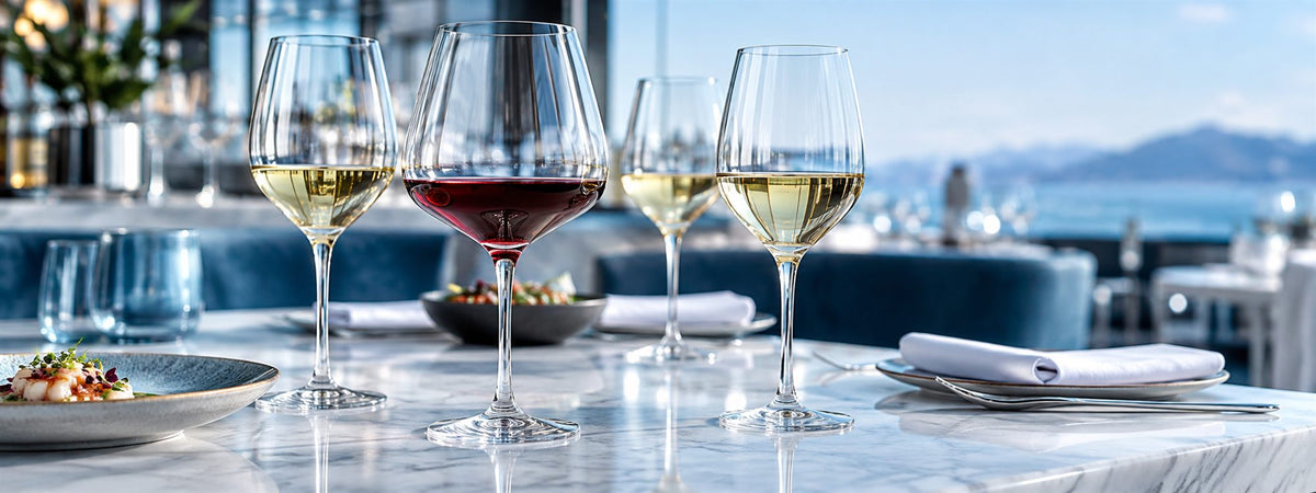 Verres à vin professionnels BWA pour CHR, hôtels et restaurants sur un comptoir en marbre