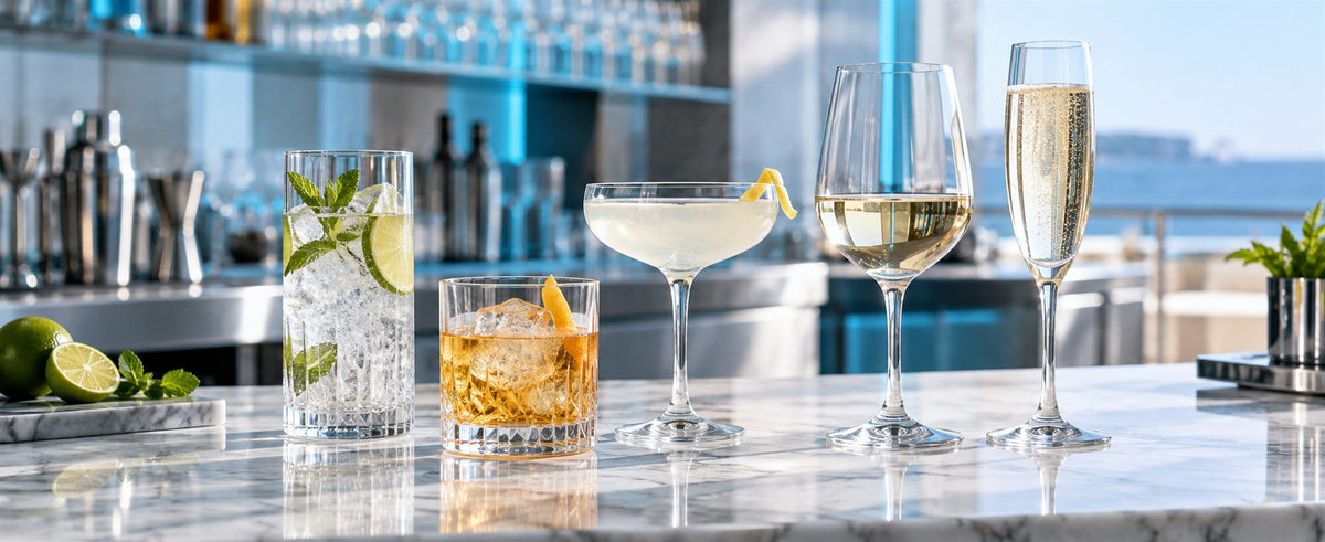 Verrerie de bar professionnelle BWA : verres à cocktail, coupette, verre à vin et flte à champagne sur un comptoir en marbre