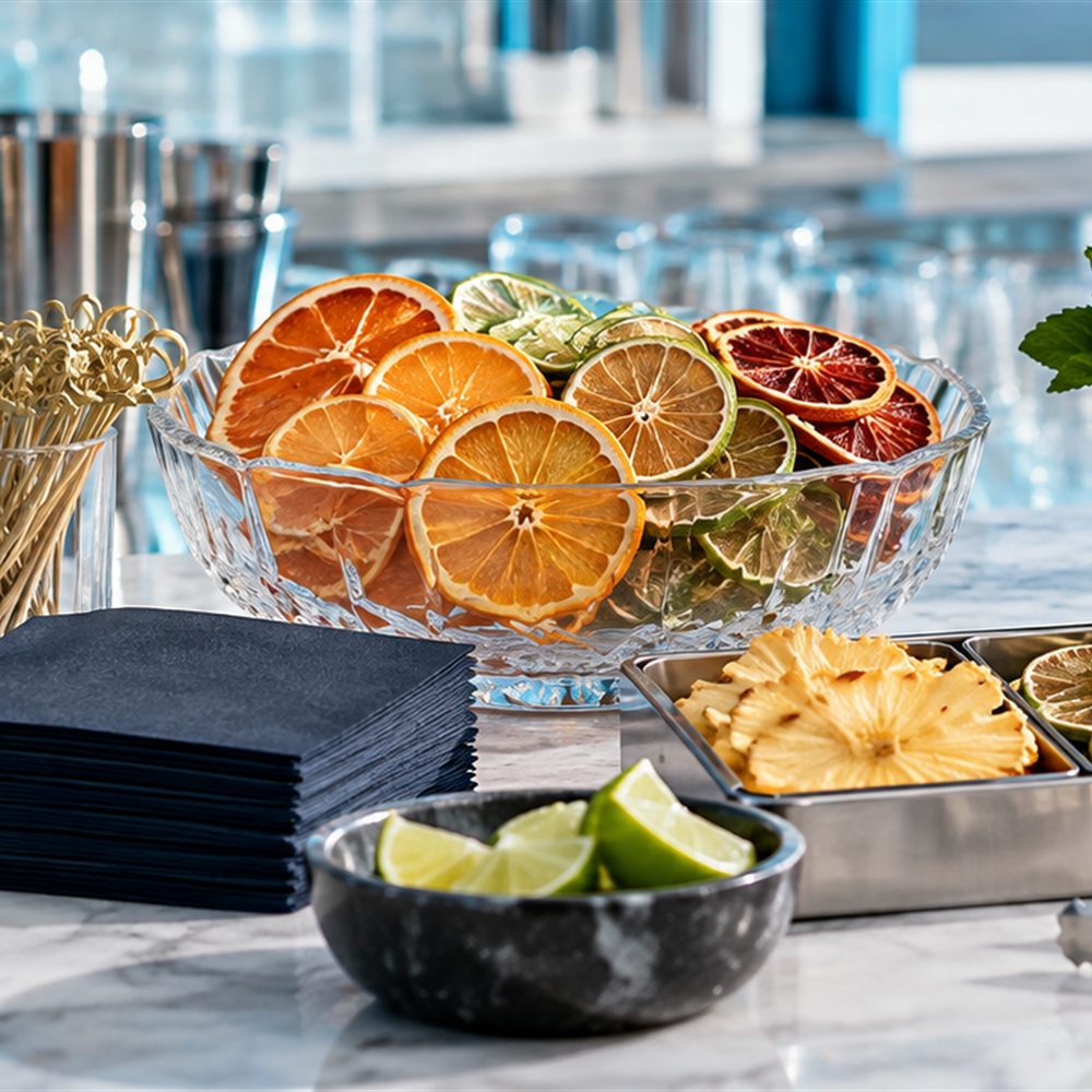 Consommables de bar BWA : garnishs d'agrumes séchés, serviettes et citrons verts