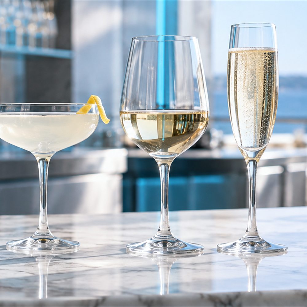 Verrerie de bar BWA : coupette, verre à vin et flûte à champagne sur comptoir en marbre